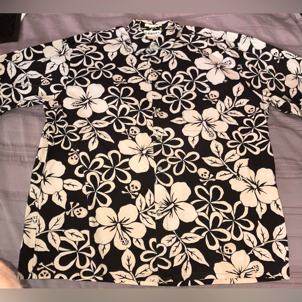 HAWAIIAN Shirt Men’s Sz XL 100% Cotton Big-flowers + skulls by Campia Korea NEW